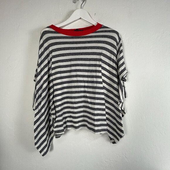 Ozan Kű Womens Gray White Striped Knit Poncho Oversized Top Large Lightweight - Picture 1 of 10